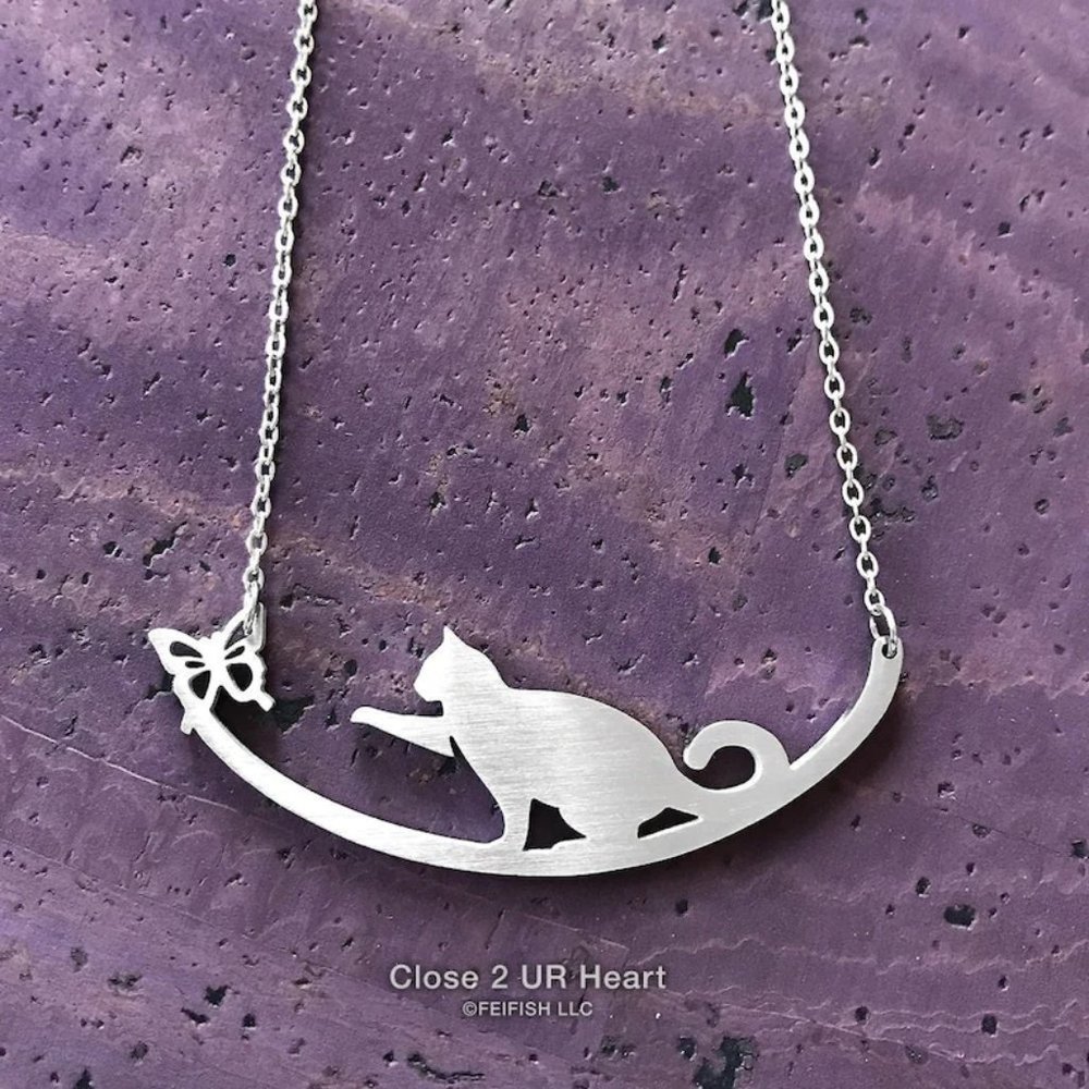 Stainless Steel Cat and butterfly necklace
